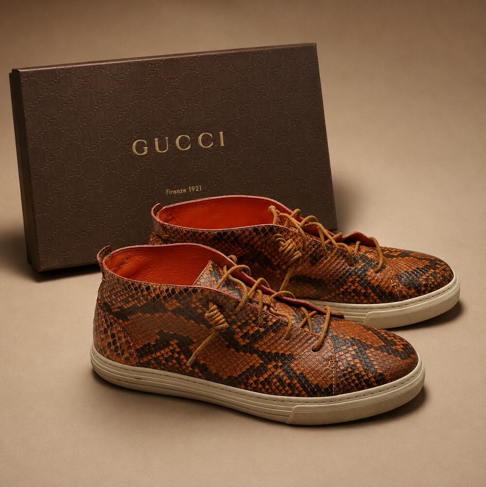 GUCCI Mid-Top Snakeskin Python Print Sneakers Orange Brown Sz 10 G/US 10.5 $1295